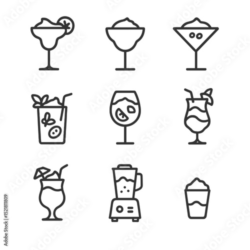 Frozen Cocktail Icons. Outline icon set of frozen cocktails: margarita slush, daiquiri blend, frozen espresso martini, frozen