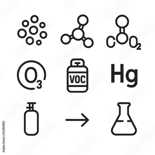 Haze Chemical Icons. Outline icon set of haze chemical composition: particulate matter, NO₂ molecule, SO₂ molecule, ozone symbol,