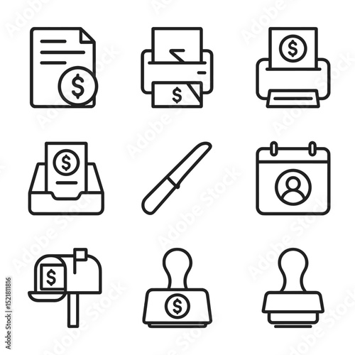 Salary Slip Icon Set. Outline icon set of salary slip distribution: printed paystub, envelope slot, printer, paper tray, envelope