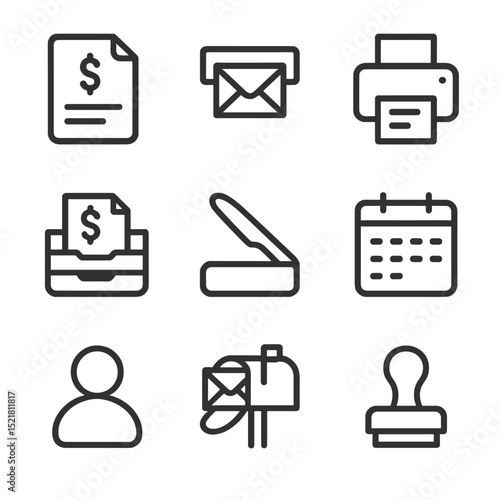Salary Slip Icon Set. Outline icon set of salary slip distribution: printed paystub, envelope slot, printer, paper tray, envelope