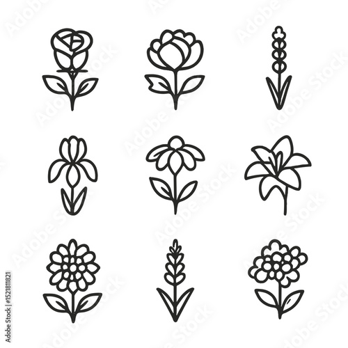 Garden Flower Icons. Outline icon set of garden perennial flowers: rose, peony, lavender, iris, coneflower, daylily, dahlia,