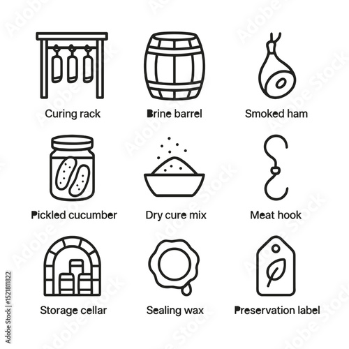 Salt Preservation Icons. Outline icon set of salt preservation methods: curing rack, brine barrel, smoked ham, pickled cucumber