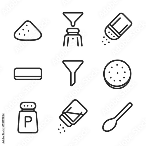 Salt Shaker Icons. Outline icon set of salt shaker refilling: salt, shaker, kitchen counter, funnel, seasoning, lid, pepper, jar,