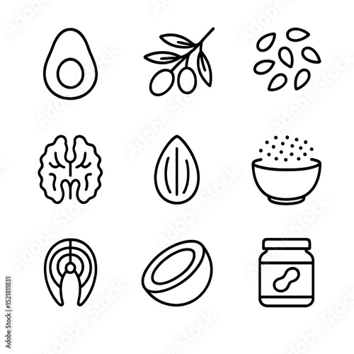 Healthy Fats Icons. Outline icon set of healthy fat sources: avocado half, olive branch, flax seeds, chia seeds, walnut, almond,