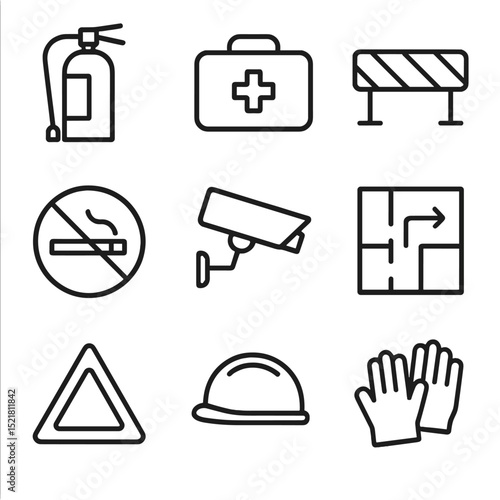 Safety Icons Grid. Outline icon set of safety and venue regulations: fire extinguisher, first aid kit, safety barrier, no smoking