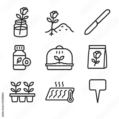 Rose Propagation Icons. Outline icon set of rose propagation methods: cutting in jar, layering mound, grafting knife, root hormone