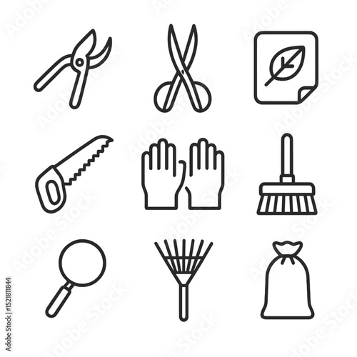 Gardening Tools Icons. Outline icon set of pruning and grooming tools: pruning shears, trimming scissors, leaf wipe cloth, pruning
