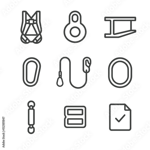 Safety Gear Icons. Outline icon set of harness and beam setup: safety harness, anchor point, beam, carabiner, lanyard, D-ring,