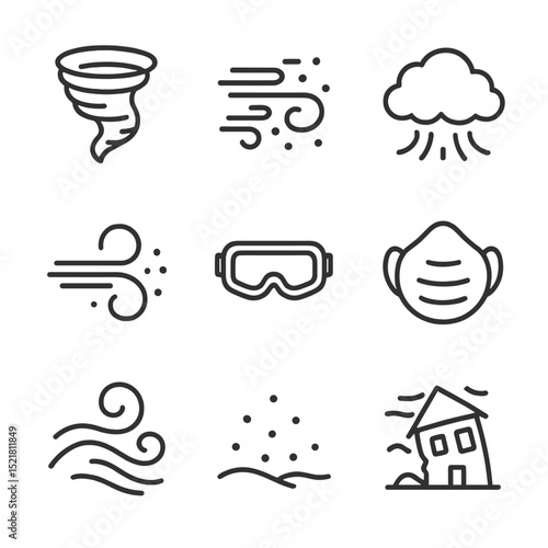 Sandstorm Icon Set. Outline icon set of sandstorms: whirlwind, blowing sand, dust cloud, gust wind, protective goggles, face mask,