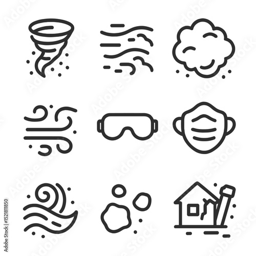 Sandstorm Icon Set. Outline icon set of sandstorms: whirlwind, blowing sand, dust cloud, gust wind, protective goggles, face mask,