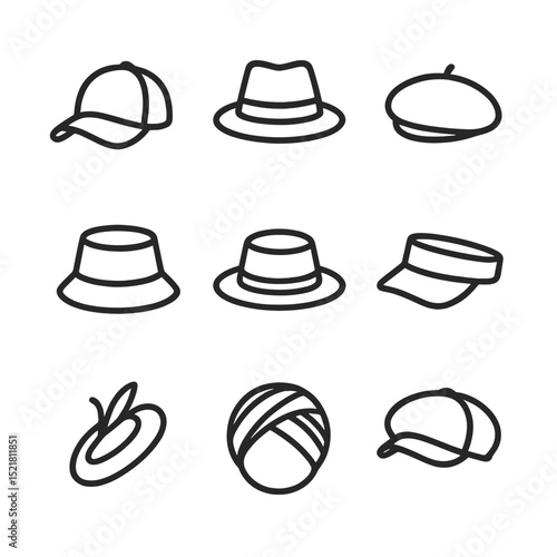 Headwear Icon Set. Outline icon set of headwear options: baseball cap, fedora, beret, bucket hat, Panama hat, visor, fascinators,