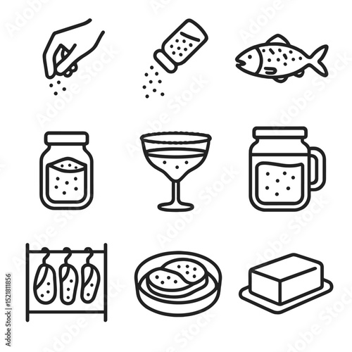 Salt-Themed Icon Set. Outline icon set of salt in cooking: pinch pinch, seasoning sprinkle, salt crusted fish, salted caramel jar,