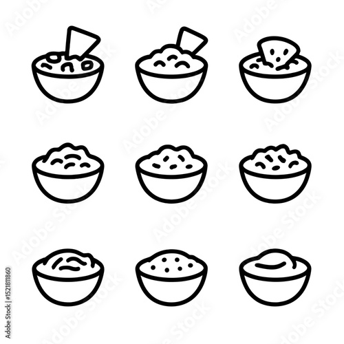 Dip Icons Collection. Outline icon set of dip varieties: salsa, guacamole, queso, hummus, spinach dip, bean dip, artichoke dip,