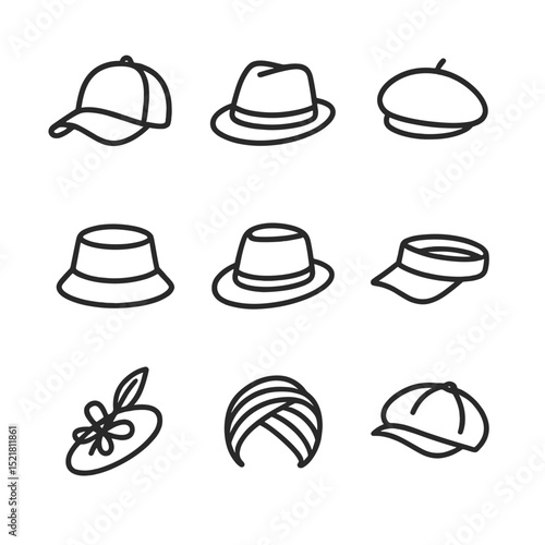 Headwear Icon Set. Outline icon set of headwear options: baseball cap, fedora, beret, bucket hat, Panama hat, visor, fascinators,