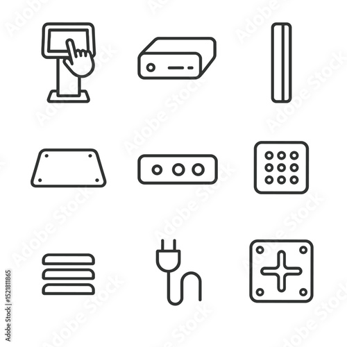 Digital Signage Icons. Outline icon set of digital signage kiosk stand: touchscreen monitor, media player box, cable channel, base