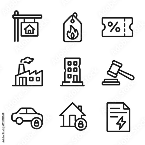 Distressed Asset Icons. Outline icon set of distressed assets: foreclosure sign, fire sale tag, discount label, worn-out factory,