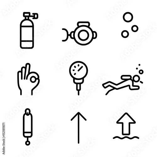 Scuba Diving Safety Icons. Outline icon set of scuba dive gasp malfunction: scuba tank, regulator, mouthpiece, escaping bubbles,