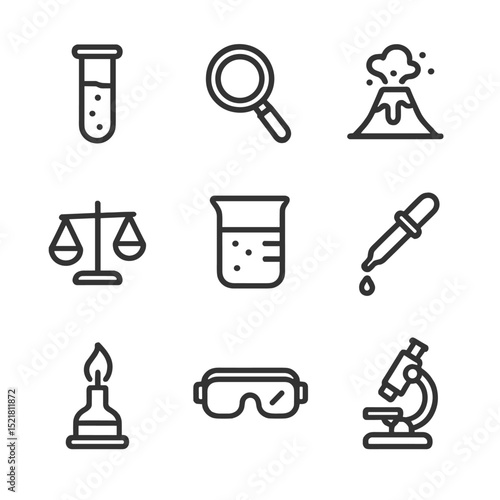 Science Experiment Icons. Outline icon set of hands-on science experiments: test tube, magnifying glass, volcano model, balance