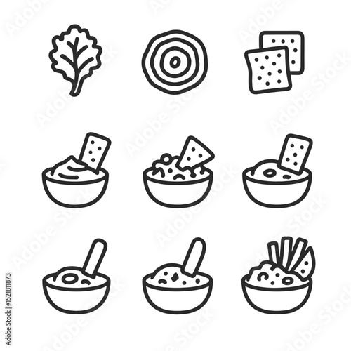 Healthy Snack Icon Set. Outline icon set of healthy chip and dip options: kale chip, beet chip, lentil chip, Greek yogurt dip,
