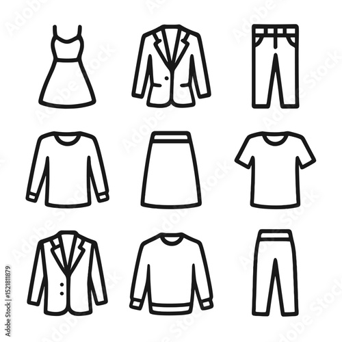 Garment Icon Grid. Outline icon set of garment types to try on: dress, blazer, jeans, blouse, skirt, t-shirt, suit jacket, sweater