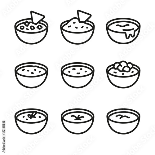 Dip Icons Collection. Outline icon set of dip varieties: salsa, guacamole, queso, hummus, spinach dip, bean dip, artichoke dip,