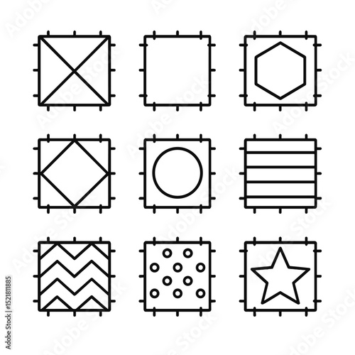 Geometric Patchwork Icons. Outline icon set of geometric pattern patchwork blanket: triangle patch, square patch, hexagon patch,