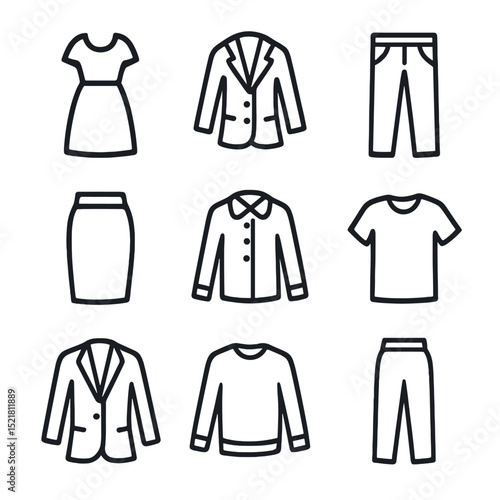 Garment Icon Grid. Outline icon set of garment types to try on: dress, blazer, jeans, blouse, skirt, t-shirt, suit jacket, sweater