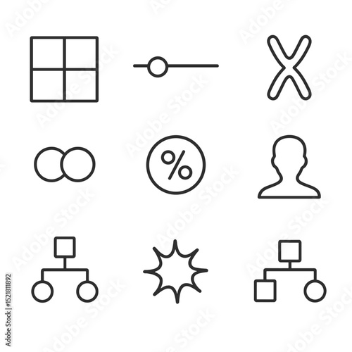 Genetics Icon Set. Outline icon set of probability in genetics and inheritance: Punnett square, gene locus, allele pair,