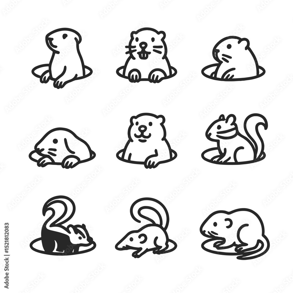 Small Mammal Burrows Icons. Outline icon set of small mammal burrows: prairie dog, gopher, vole, mole, groundhog, chipmunk, skunk, Small Mammal Burrows Icons. Outline icon set of small mammal burrows: prairie dog, gopher, vole, mole, groundhog, chipmunk, skunk,
