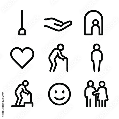Elderly Assistance Icons. Outline icon set of elderly assistance gestures: cane tip, helping hand, doorway arch, heart icon,