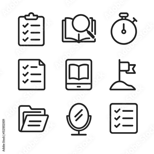 Self-Directed Learning Icons. Outline icon set of self-directed learning: checklist planner, resource search icon, study timer,