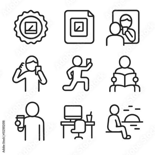 Selfie Challenge Icons. Outline icon set of selfie challenge themes: #NoFilter badge, #Throwback tag, mirror reflection, morning