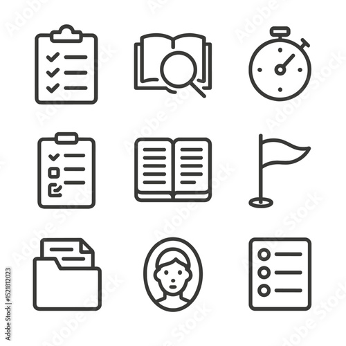 Self-Directed Learning Icons. Outline icon set of self-directed learning: checklist planner, resource search icon, study timer,