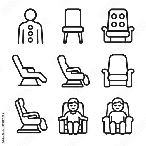 Shiatsu Chair Icon Set. Outline icon set of shiatsu massage chair: shiatsu, chair, massage, recliner, footrest, backrest, comfort,