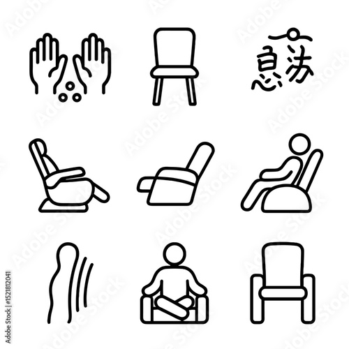 Shiatsu Chair Icon Set. Outline icon set of shiatsu massage chair: shiatsu, chair, massage, recliner, footrest, backrest, comfort,