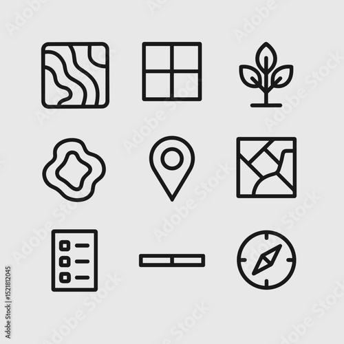 Habitat Mapping Icon Set. Outline icon set of habitat mapping: topographic map, grid overlay, vegetation icon, contour line, GIS