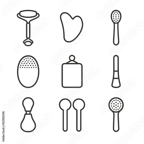Skincare Tools Icons. Outline icon set of skincare tools: jade roller, gua sha stone, facial brush, silicone pad, microfiber cloth