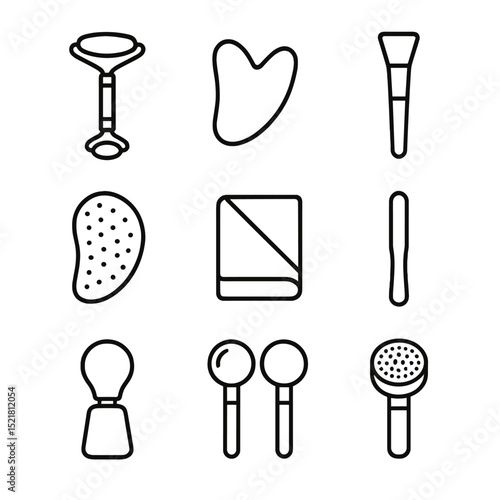 Skincare Tools Icons. Outline icon set of skincare tools: jade roller, gua sha stone, facial brush, silicone pad, microfiber cloth