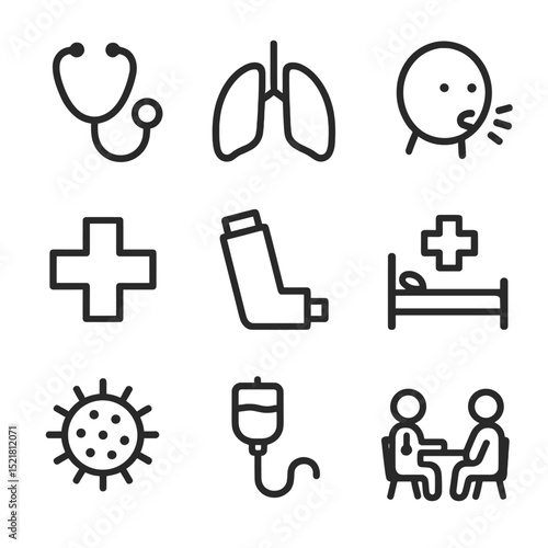 Haze Health Icons. Outline icon set of health impacts of haze: stethoscope, lung icon, coughing face, medical cross, inhaler,