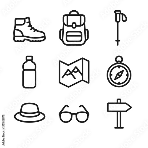 Hiking Essentials Icons. Outline icon set of mountain hiking essentials: hiking boots, backpack, trekking pole, water bottle, map,