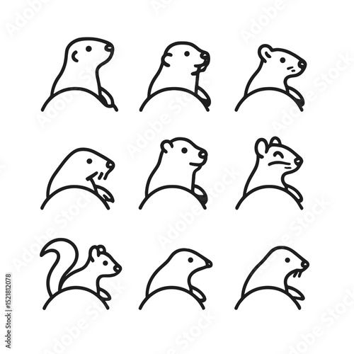 Small Mammal Burrows Icons. Outline icon set of small mammal burrows: prairie dog, gopher, vole, mole, groundhog, chipmunk, skunk,