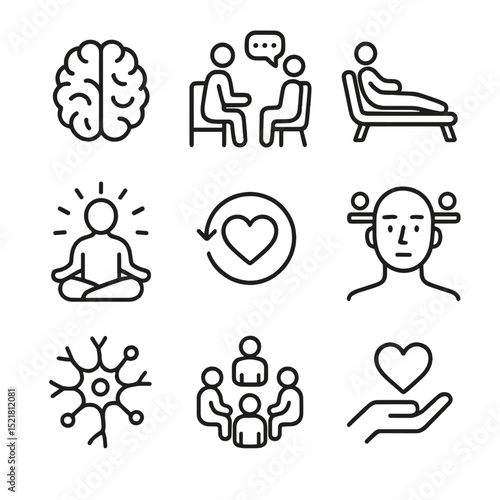 Wallpaper Mural Emotional Healing Icons. Outline icon set of emotional healing in recovery: brain, therapy, counseling, mindfulness, recovery, Torontodigital.ca