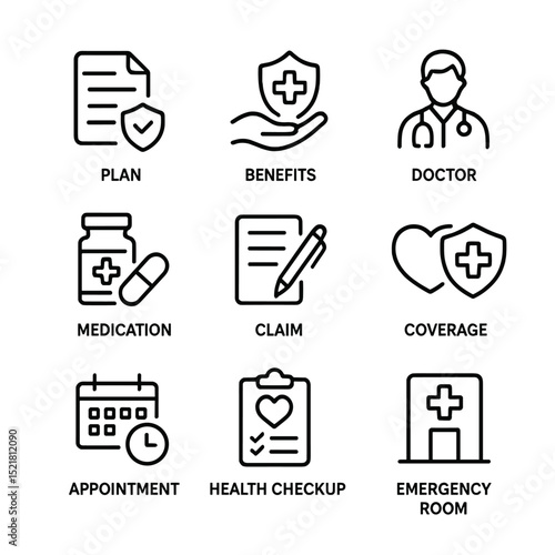 Health Insurance Icons. Outline icon set of health insurance options: plan, benefits, doctor’s visit, medication, claim, coverage,