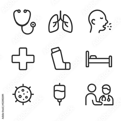 Haze Health Icons. Outline icon set of health impacts of haze: stethoscope, lung icon, coughing face, medical cross, inhaler,