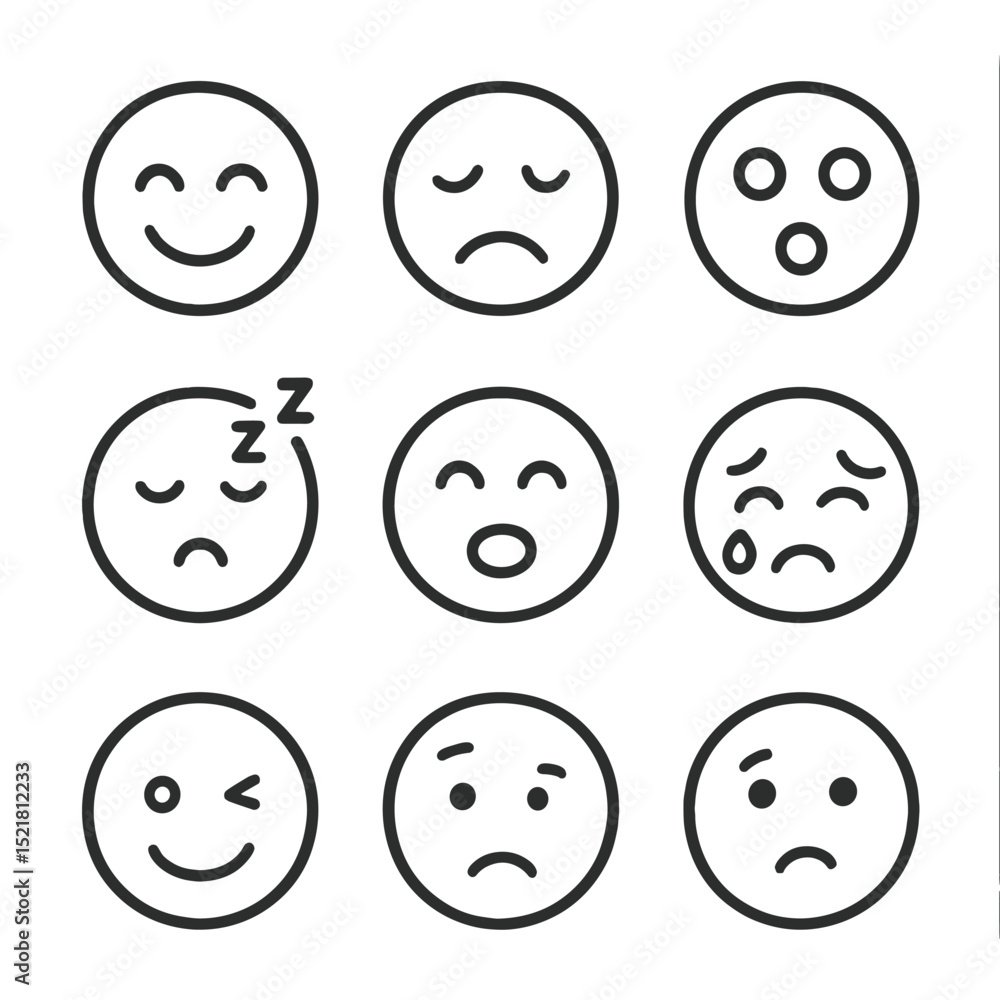 Facial Expressions Icons. Outline icon set of emotions and faces coloring worksheet: happy face, sad face, surprised face, angry Facial Expressions Icons. Outline icon set of emotions and faces coloring worksheet: happy face, sad face, surprised face, angry