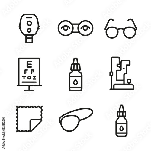 Eye Care Icons Grid. Outline icon set of eye medical equipment: ophthalmoscope head, contact lens case, eyeglass frame, Snellen