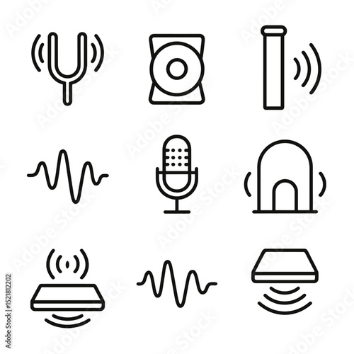 Sound Icon Set. Outline icon set of sound and acoustics demos: tuning fork, speaker cone, resonance tube, decibel meter, wave