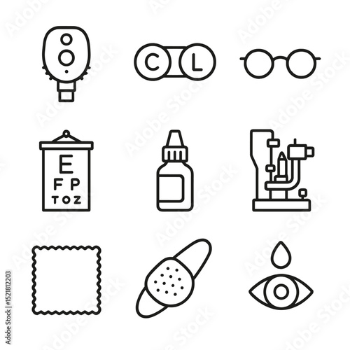 Eye Care Icons Grid. Outline icon set of eye medical equipment: ophthalmoscope head, contact lens case, eyeglass frame, Snellen