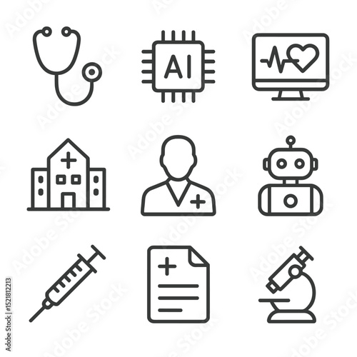 Human-AI Medical Icons. Outline icon set of human–AI medical diagnosis teamwork: stethoscope, AI chip, heart monitor, hospital