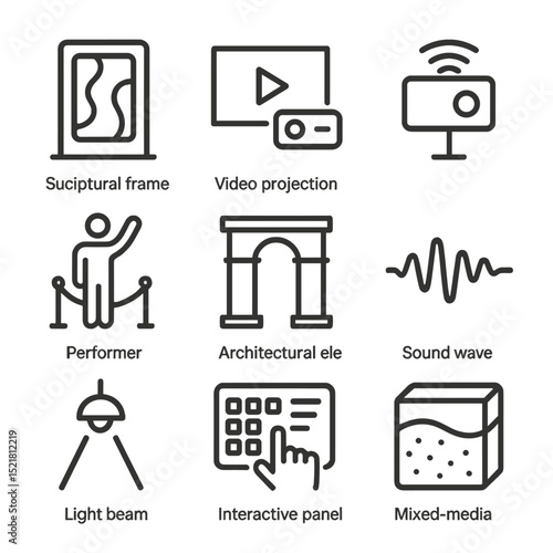 Hybrid Art Icon Set. Outline icon set of hybrid art installations: sculptural frame, video projection, reactive sensor, performer